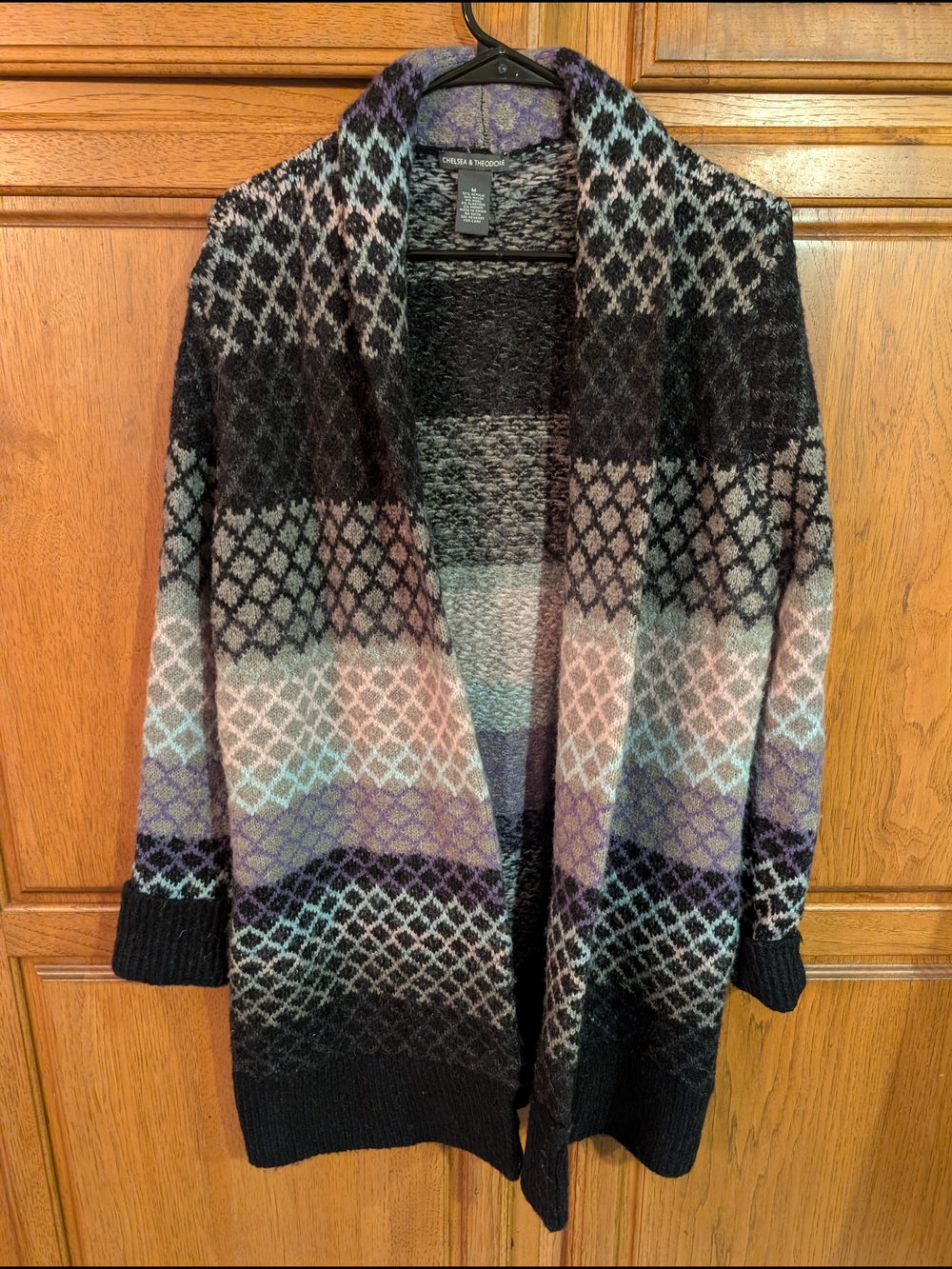 Chelsea & Theodore Open-Front Patterned Cardigan - Black, Purple, Cream